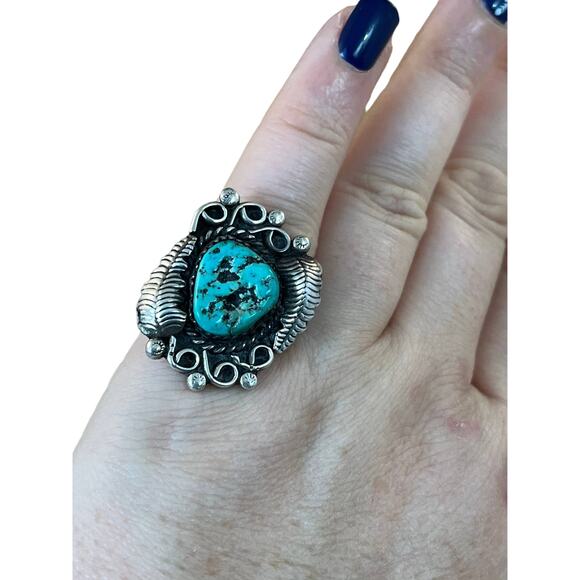 Vintage Turquoise Sterling Silver Leaf Native American Navajo Ring Sz 6.5 - Picture 6 of 9